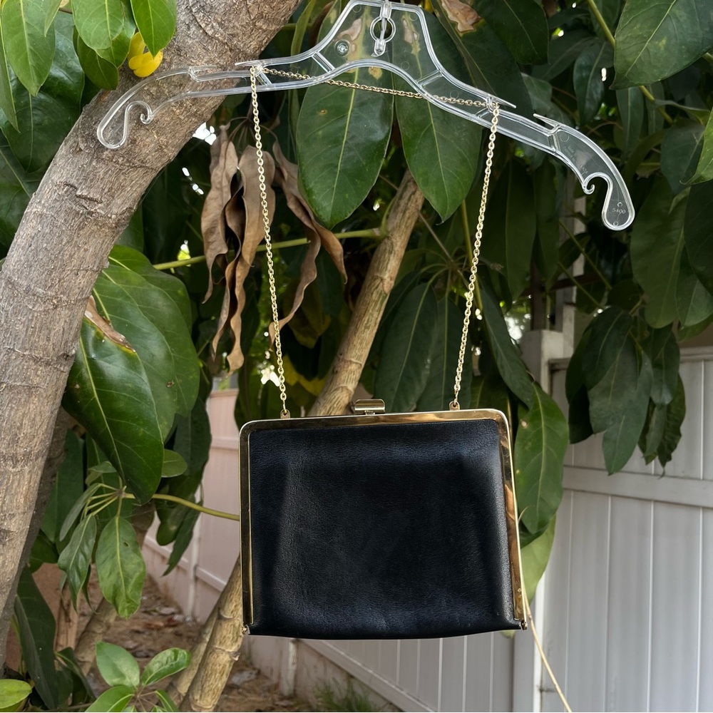 Vintage 1960s Etra Black Leather Clutch Gold Chain Strap Evening Bag.